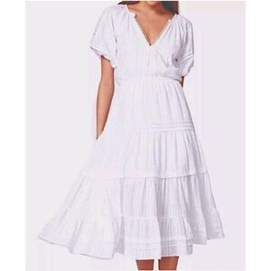 Betsey Johnson Spectator Dress Size S White Confetti Tiered Puff Sleeve Midi